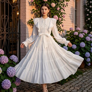 很仙 浪漫风白色蛋糕裙女长袖 收腰连衣裙法式 英伦风黑色长裙 法式