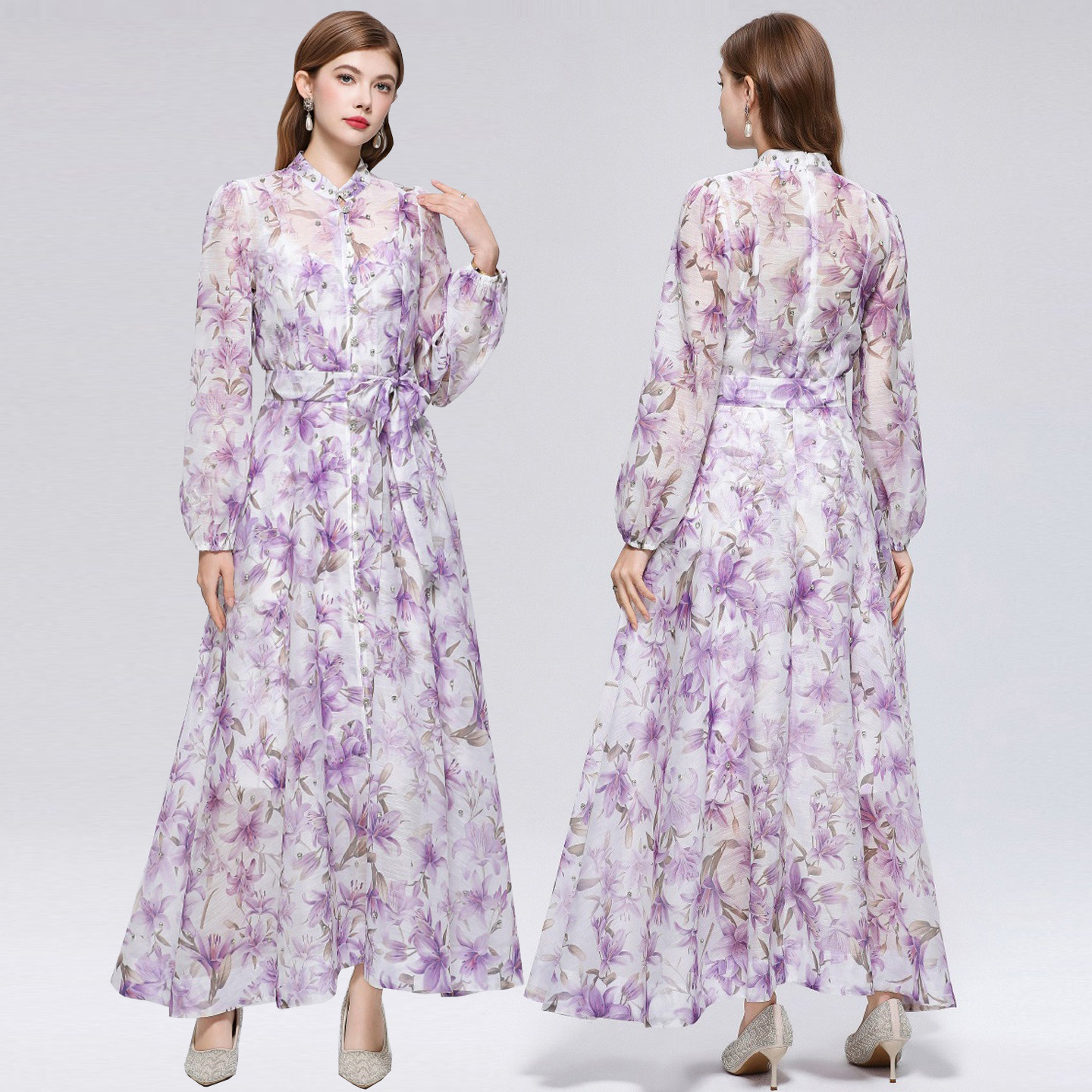 拍照好看的田园风彩色大花连衣裙名媛明星高端钉钻大码走秀礼服女