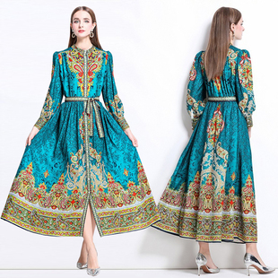 欧式宫廷风灯笼袖彩色大码宽松开衫连衣裙法式英伦风高级感长裙女