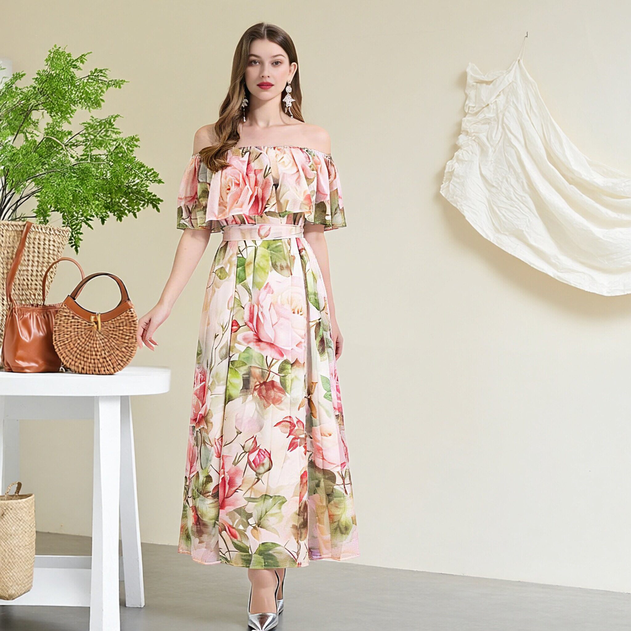 沙滩度假风一字肩荷叶边印花连衣裙气质名媛明星款田园风大花长裙