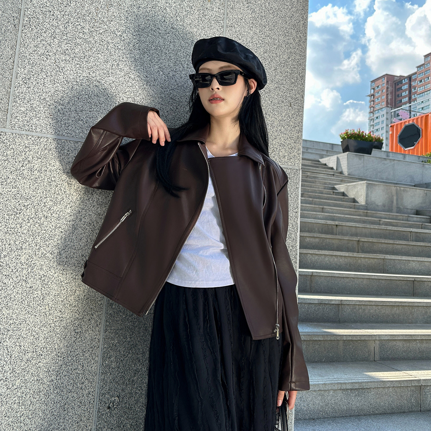 时尚肌理感pu皮衣外套女款春秋高级感短款气质百搭甜酷机车夹克