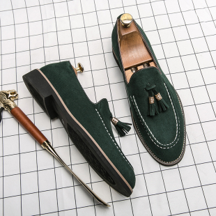 英伦内增高发型师潮鞋 夏天一脚蹬休闲百搭反绒皮豆豆鞋 小皮鞋 男士