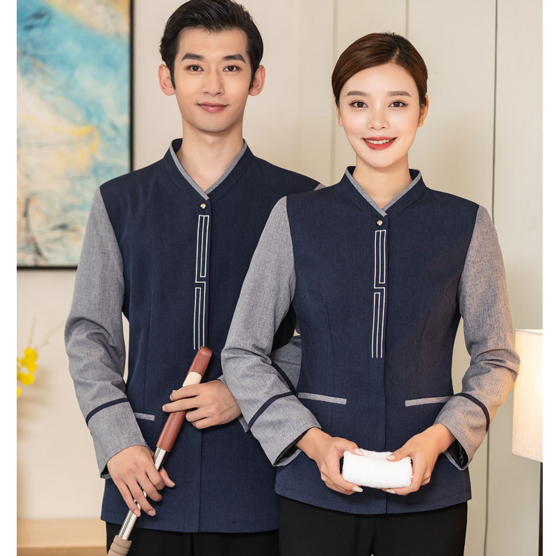 高档酒店工作服长袖PA服务员藏蓝色立领制服男女套装