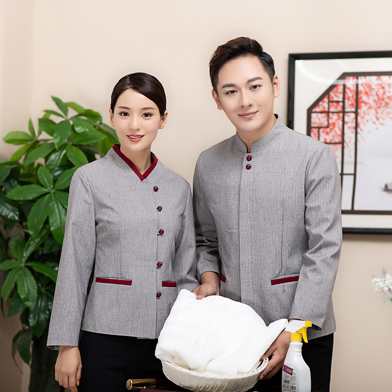 酒店保洁工作服长袖灰色立领客房服务员制服女秋冬装