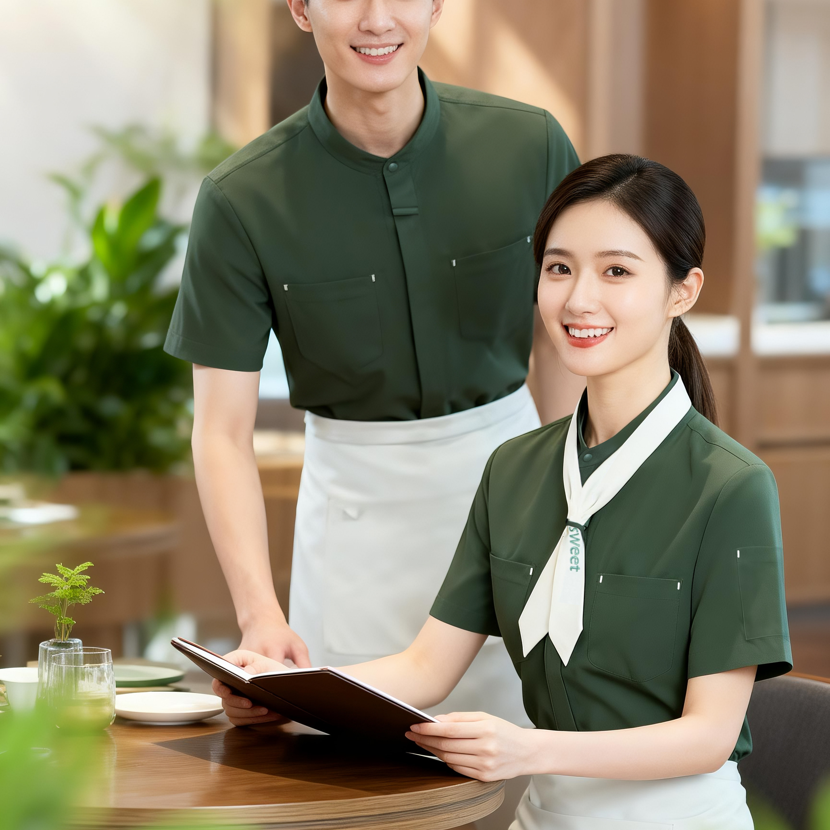小领巾餐饮服务员工作服短袖夏季男女半烘焙糕点火锅店食堂饭店印