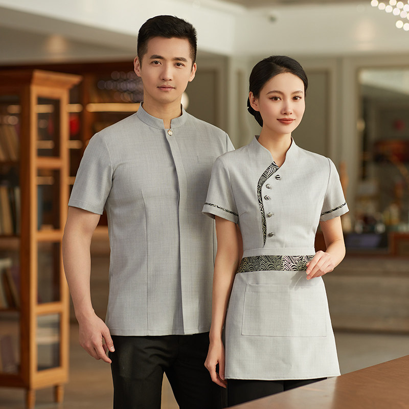 中国风餐饮服务员工作服夏装短袖茶楼饭店火锅店烧烤酒店定制男女