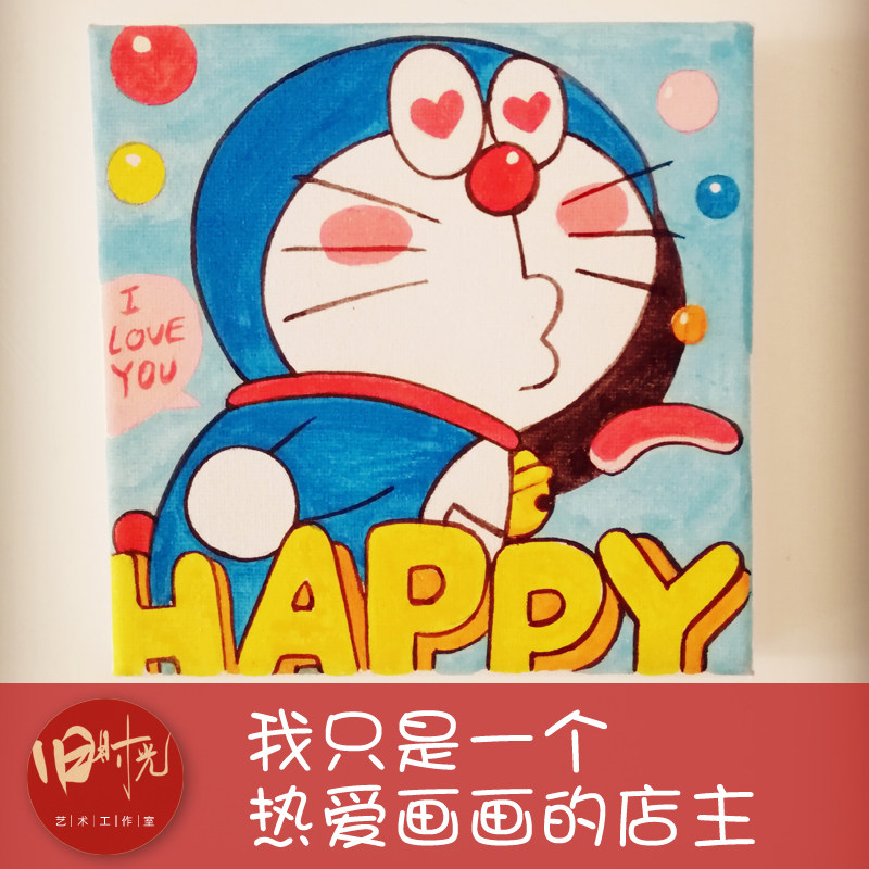 纯手绘无框画哆啦a梦手绘可以定制手绘蓝胖子 装饰画 主播背景画