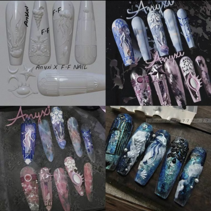 【美甲模具】枫枫冰蓝水母 海洋贝壳水母立体雕花饰品美甲模具