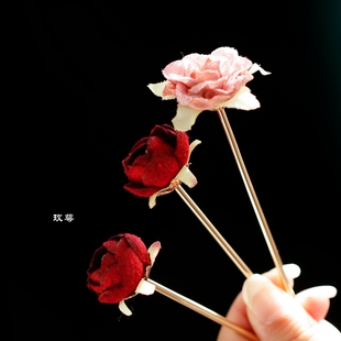 玫萼颂 红色花苞花朵发簪 小花簪头饰 古典舞玫瑰手持簪盘发发饰