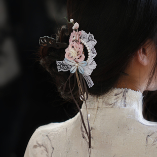 汉洋折衷头饰 高级手作蕾丝手工缠花花朵发夹女 流苏边夹拍照舞蹈
