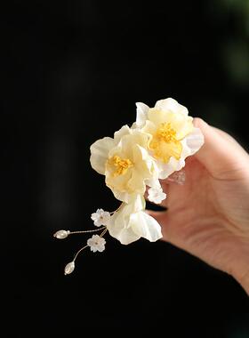 烫花头饰新款绢花花朵发夹旗袍配饰仿真花丸子头黄色发饰