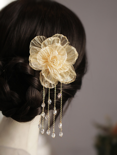 芍药花朵步摇国风流苏发夹古风绢花头饰低丸子头发饰旗袍