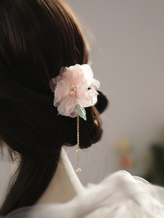 【舜华】粉色木槿花发簪小u型流苏发簪古典舞蹈绢花头饰