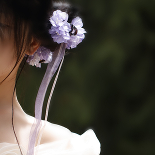 紫色丝带抓夹飘带玫瑰花朵发夹小抓夹头花古典舞头饰侧边花发饰