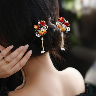 可爱桃子小花簪 新中式花朵发簪珍珠流苏新年结婚头饰 古典舞发饰