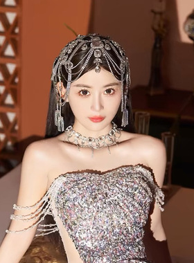 新娘高级感舞台表演结婚头饰发饰欧美流苏水钻发链头链Headdress