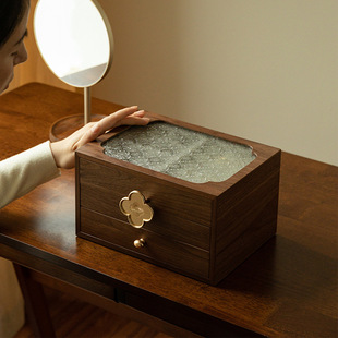 海棠花多层收拾收纳盒复古木质桌面整理翻盖摆设三层抽屉化妆台