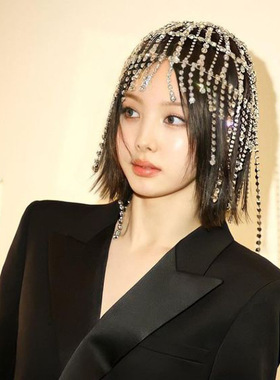 满钻流苏发饰夜店舞台欧美Hair chain珍珠帽钻石表演水钻发网发饰