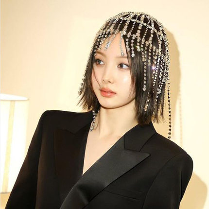 满钻流苏发饰夜店舞台欧美Hair chain珍珠帽钻石表演水钻发网发饰