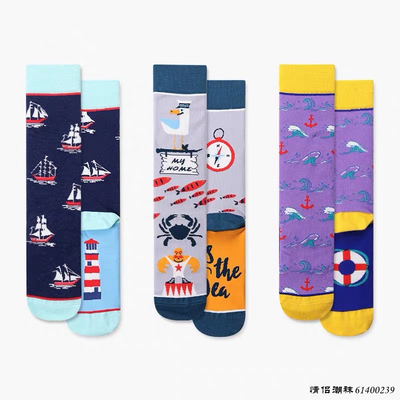 欧美个性卡通动漫中筒袜秋季创意潮流船只海洋图案复古美式袜子