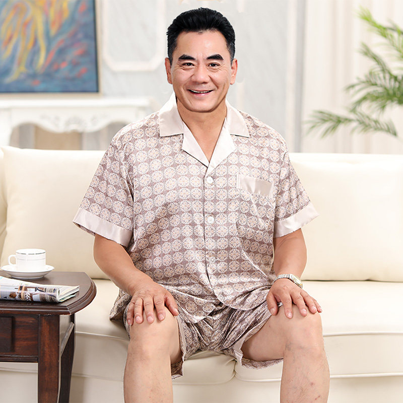 睡衣男士冰丝绸短袖短裤薄款中年爸爸老人夏季中老年人家居服套装