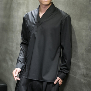 新中式秋装交领衬衫大码男长袖中式衬衣汉服改良套头衫C310-P75