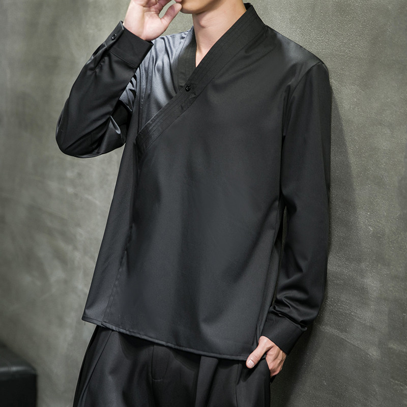 新中式秋装交领衬衫大码男长袖中式衬衣汉服改良套头衫C310-P75,男装衬衫,星座301D-2(原钱塘4011)