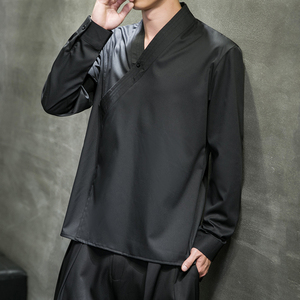 新中式秋装交领衬衫大码男 长袖中式衬衣汉服改良套头衫C310-P75图片