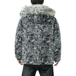 年年有鱼印花毛领连帽宽松棉衣男棉服男外套棉袄-M66-P130图片
