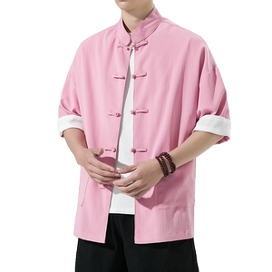 新中式男装风大码唐装男款亚麻半袖衬衫盘扣居士服中山装夏图片