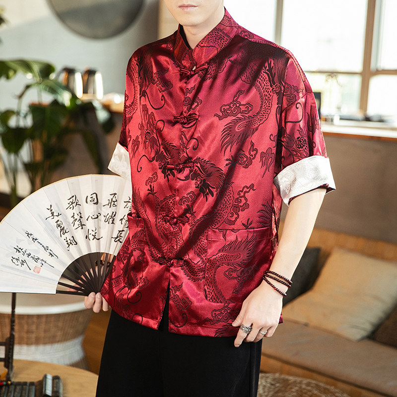 春夏新款风绸缎提花冰丝立领汉服唐装休闲大码短袖SY03-P55,男装衬衫,星座301D-2(原钱塘4011)