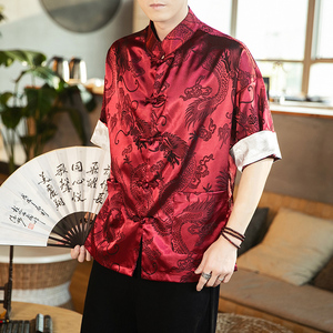 春夏新款风绸缎提花冰丝立领汉服唐装休闲大码短袖SY03-P55图片