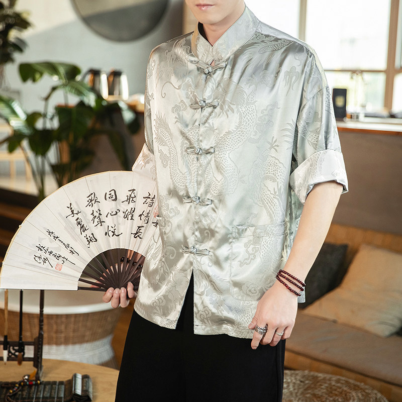 春夏新款风绸缎提花冰丝立领汉服唐装休闲大码短袖SY03-P55,男装衬衫,星座301D-2(原钱塘4011)