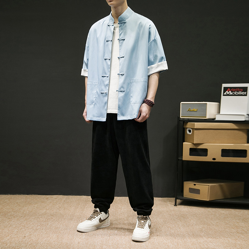 夏季风盘扣衬衣立领宽松中式五分袖衬衫宽松复古男士SY13-P50图片