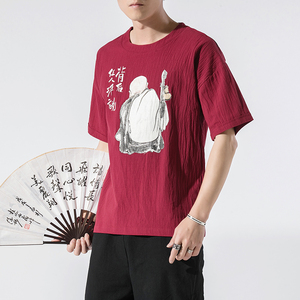 全棉印花风男士休闲复古大码宽松短袖T恤 款号 T21-P35图片