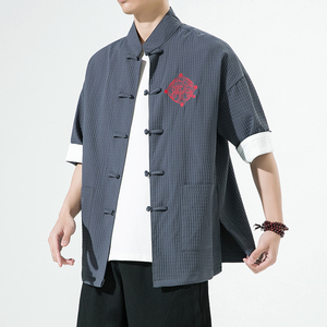 白墙夏季盘扣衬衫宽松七分袖衬衣刺绣潮流立领大码男装 SY12-P65图片