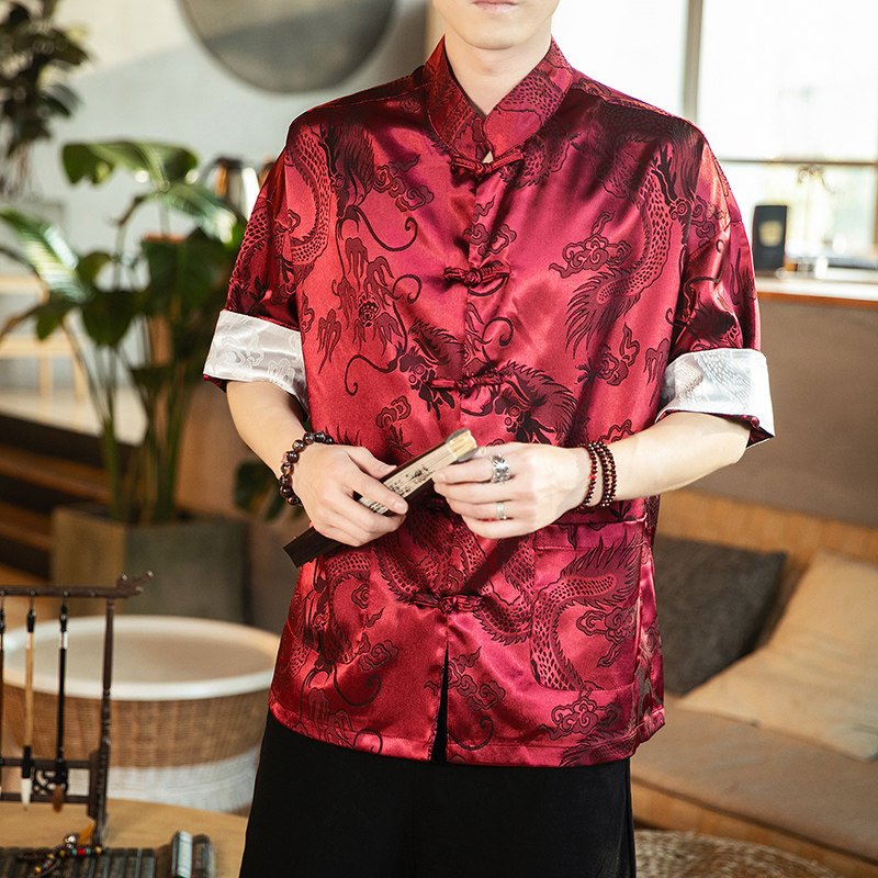 春夏新款风绸缎提花冰丝立领汉服唐装休闲大码短袖SY03-P55,男装衬衫,星座301D-2(原钱塘4011)