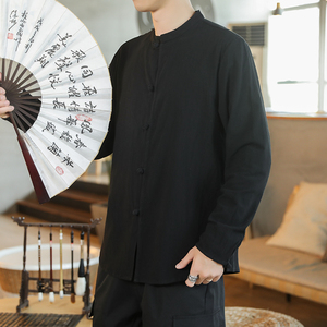 秋季中式长袖全棉立领上衣风唐装盘扣衬衣大码男装 -C305-P60图片