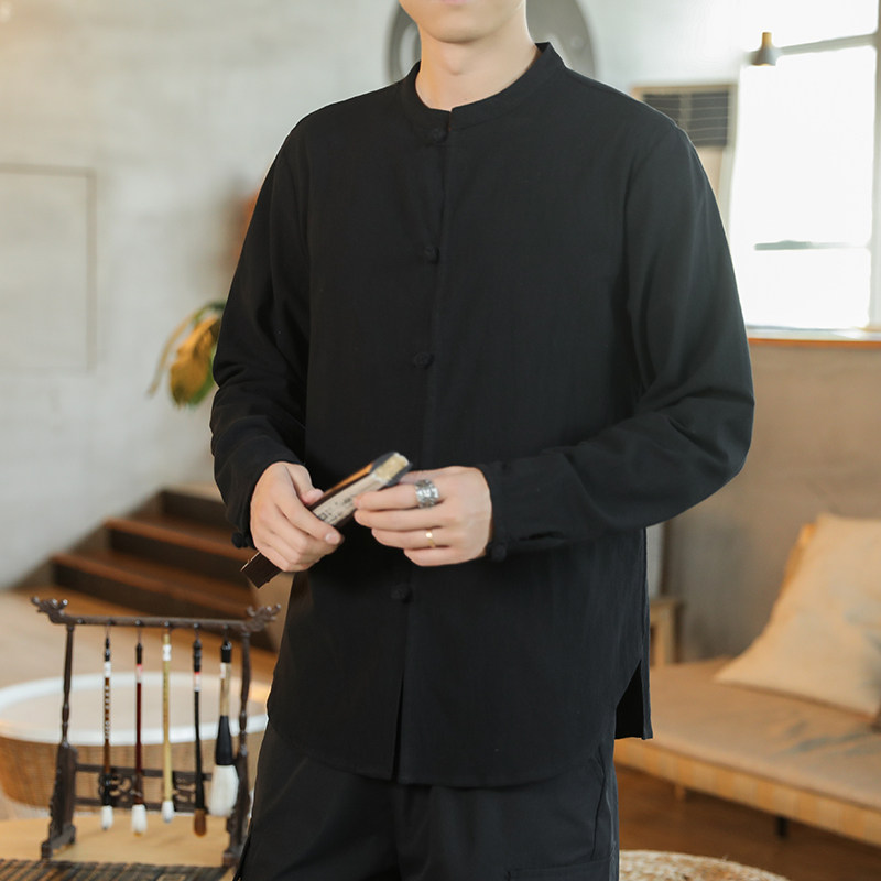 秋季中式长袖全棉立领上衣风唐装盘扣衬衣大码男装-C305-P60,男装衬衫,星座301D-2(原钱塘4011)