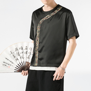 胖子大码缎面假两件拼接绣花 西域绣花短袖T恤钱塘4011—T22 P30图片