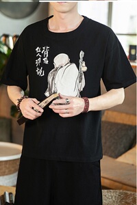 胖子全棉印花风男士休闲复古大码宽松短袖T恤 款号 T21-P35图片