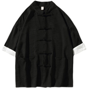 白墙夏季盘扣衬衣立领宽松中式五分袖衬衫宽松复古男士SY13-P50图片