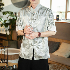 春夏新款风绸缎提花冰丝立领汉服唐装休闲大码短袖SY03-P55图片