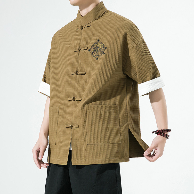 白墙夏季唐装衬衫宽松七分袖衬衣刺绣潮流格子大码男装 SY12-P65图片