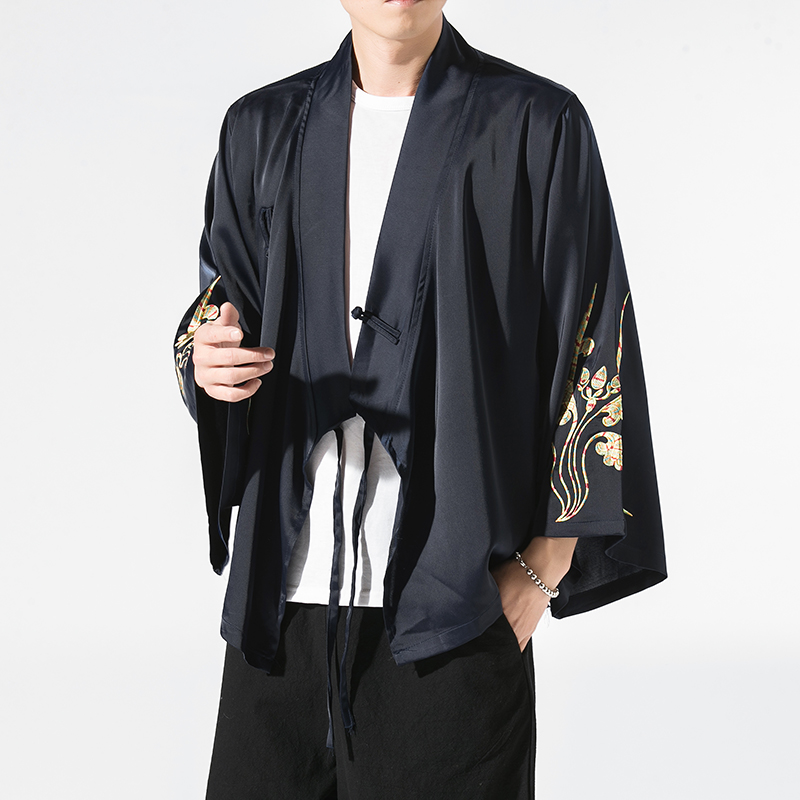 秋季汉元素休闲斜襟汉服上衣刺绣大码茶服外套复古风唐装Y13-P50，男装民族服装，星座301D-2(原钱塘4011)