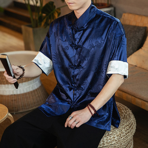 春夏新款风绸缎提花冰丝立领汉服唐装休闲大码短袖SY03-P55图片