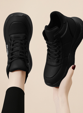 黑色休闲运动鞋女款2025新款软底轻便冬季加绒女鞋保暖棉鞋真皮