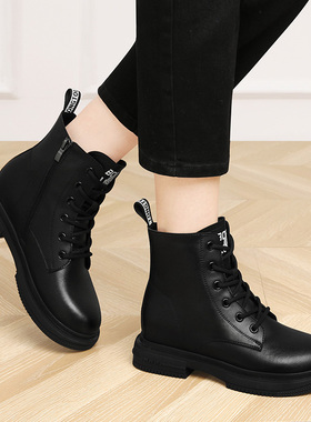 真皮平底加绒短靴女款2025新款冬季英伦风黑色瘦瘦马丁靴春秋单靴