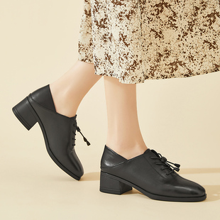 黑色英伦风深口单鞋女款2026新款春季真皮粗跟通勤职业皮鞋不累脚