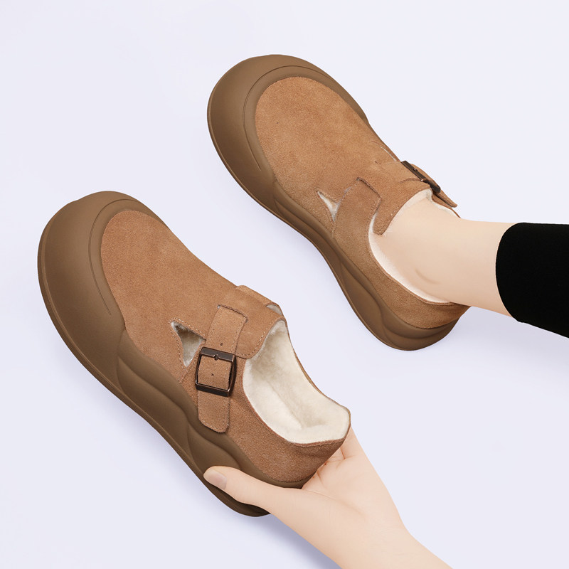 全牛皮复古软底勃肯鞋2025新款秋冬季加绒加厚平底一脚蹬真皮单鞋